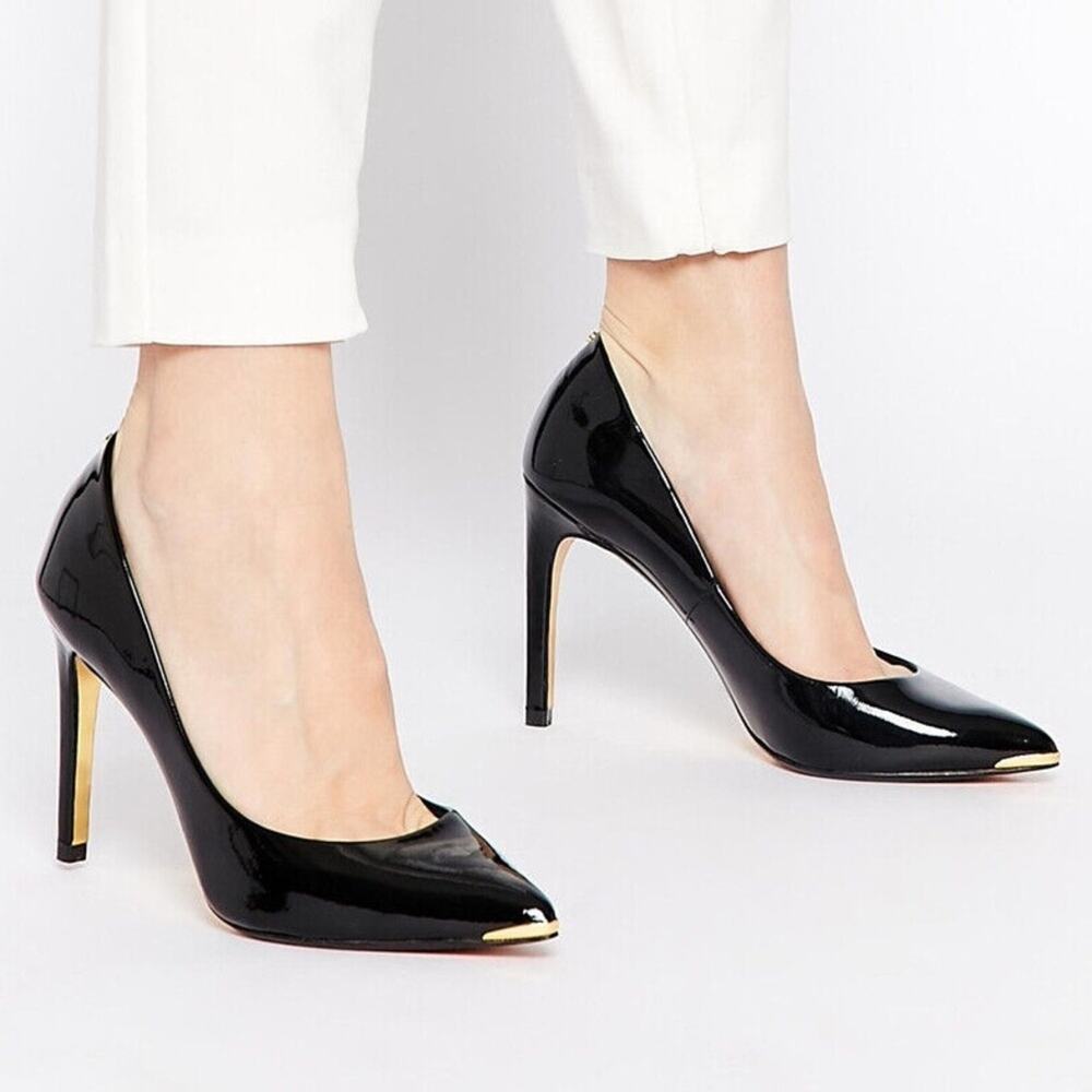 Ted Baker Women's‎ Neevo 4 Patent Leather Point Toe Stiletto Pumps Black/Gold 39